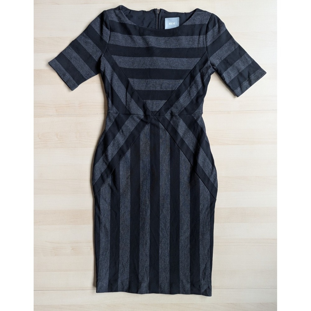Maeve Anthropologie Fitted Bodycon Pencil Skirt 1/4 Sleeve Black Grey Stripe...